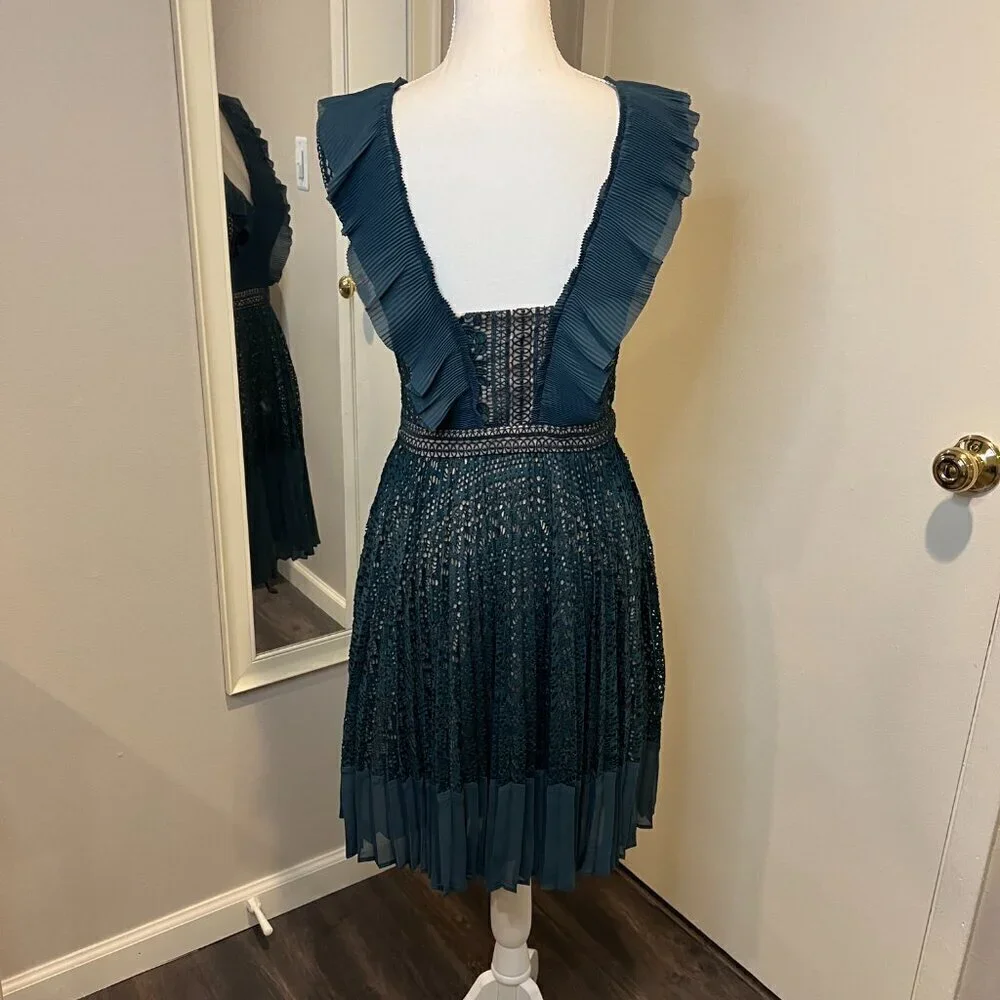 French Connection Teal Orabelle Lace Fit & Flare Ruffle Midi Dress, Size 6